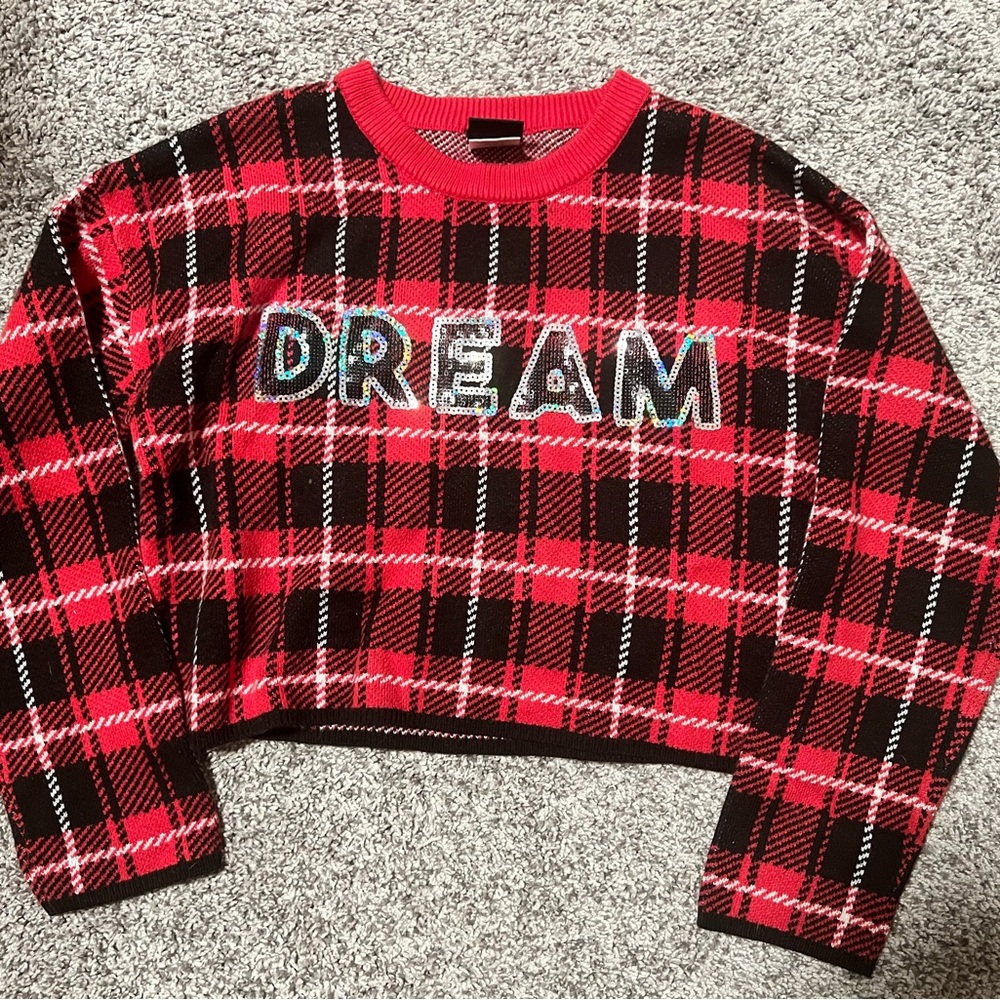 Red Plaid Kids Sweater with 'Dream' Design